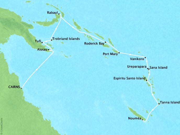 Cruises Ponant Yatch Cruises Expeditions L'Austral Map Detail Cairns, Australia to Noum�a, New Caledonia December 8-23 2021 - 15 Days