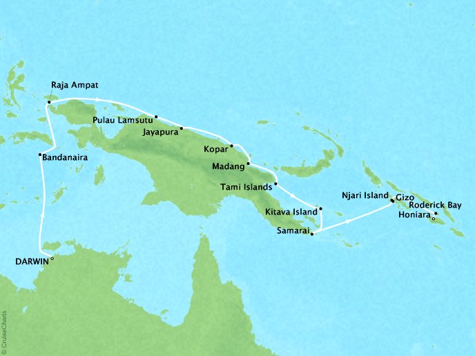 Cruises Ponant Yatch Cruises Expeditions L'Austral Map Detail Darwin, Australia to Honiara, Solomon Islands August 28 September 13 2018 - 16 Days