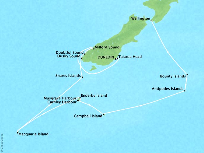 Cruises Ponant Yatch Cruises Expeditions L'Austral Map Detail Taiaroa Head, New Zealand, New Zealand to Wellington, New Zealand January 5-21 2018 - 16 Days