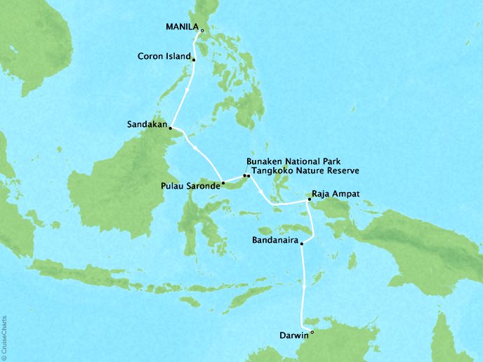 Cruises Ponant Yatch Cruises Expeditions L'Austral Map Detail Manila, Philippines to Darwin, Australia June 17-29 2018 - 12 Days