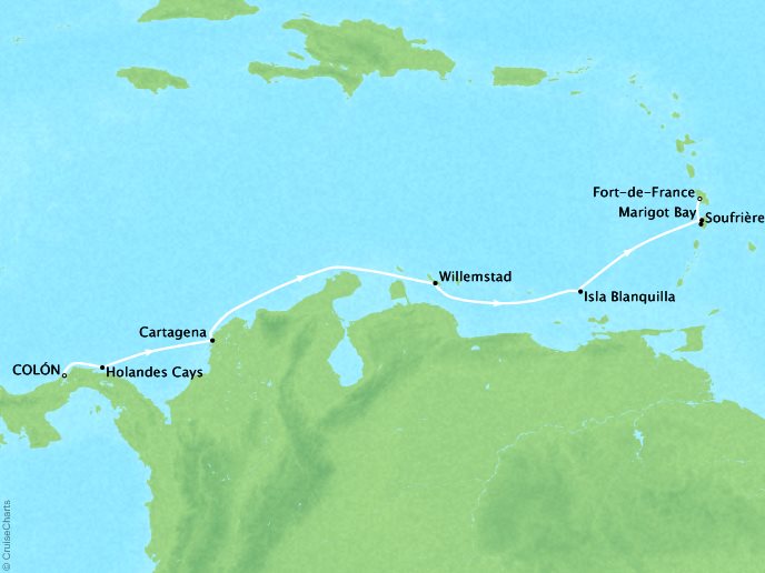 Cruises Ponant Yatch Cruises Expeditions Le Boreal Map Detail Col�n, Panama to Fort-de-France, Martinique April 14-21 2018 - 7 Days