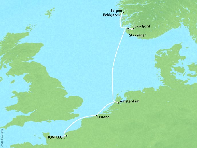 Cruises Ponant Yatch Cruises Expeditions Le Boreal Map Detail Honfleur, France to Bergen, Norway June 2-8 2018 - 6 Days