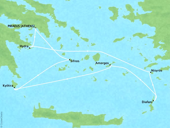 Cruises Ponant Yatch Cruises Expeditions Le Lyrial Map Detail Piraeus, Greece to Piraeus, Greece August 1-8 2017 - 7 Days