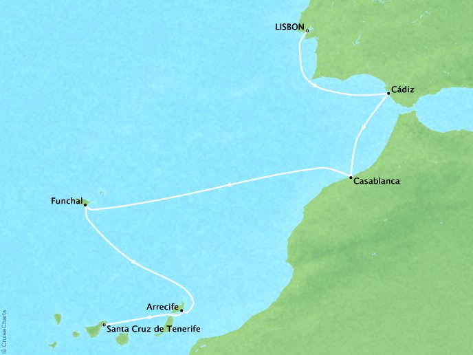 Cruises Ponant Yatch Cruises Expeditions Le Lyrial Map Detail Lisbon, Portugal to Santa Cruz De Tenerife, Spain October 29 November 5 2017 - 7 Days
