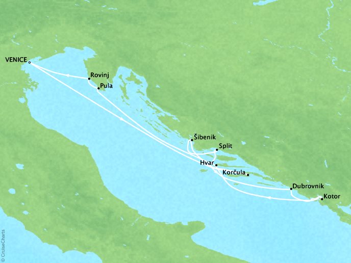 Cruises Ponant Yatch Cruises Expeditions Le Lyrial Map Detail Venice, Italy to Venice, Italy August 30 September 6 2018 - 7 Days