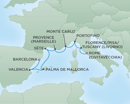 Cruises RSSC Regent Seven Explorer Map Detail Barcelona, Spain to Rome (Civitavecchia), Italy April 23 May 1 2018 - 7 Days