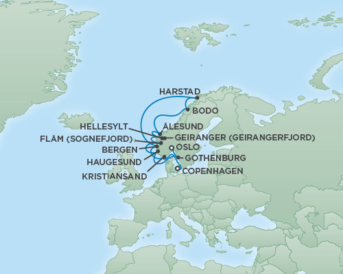 Cruises RSSC Regent Seven Explorer Map Detail Copenhagen, Denmark to Oslo, Norway June 24 July 6 2018 - 12 Days