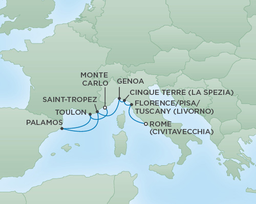 Cruises RSSC Regent Seven Explorer Map Detail Rome (Civitavecchia), Italy to Monte Carlo, Monaco May 1-8 2018 - 7 Days