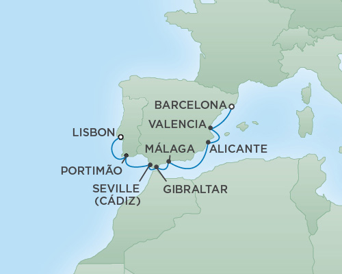 Cruises RSSC Regent Seven Explorer Map Detail Barcelona, Spain to Lisbon, Portugal May 15-22 2018 - 7 Days
