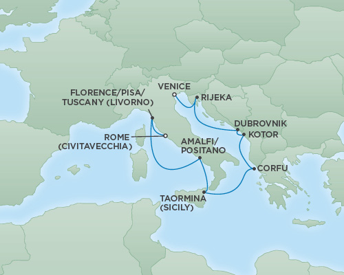Cruises RSSC Regent Seven Explorer Map Detail Rome (Civitavecchia), Italy to Venice, Italy October 7-17 2018 - 10 Days