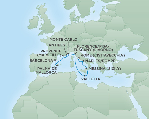 Cruises RSSC Regent Seven Explorer Map Detail Barcelona, Spain to Rome (Civitavecchia), Italy September 27 October 7 2018 - 10 Days