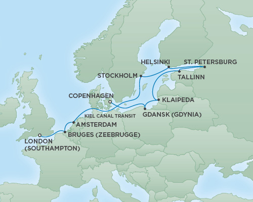 Cruises RSSC Regent Seven Explorer Map Detail Copenhagen, Denmark to London (Southampton), England September 3-15 2018 - 12 Days