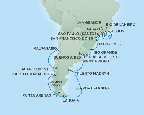 Cruises RSSC Regent Seven Explorer Map Detail Rio de Janeiro, Brazil to Valparaso, Chile January 20 February 17 2019 - 14 Days