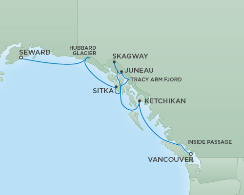 Cruises RSSC Regent Seven Mariner Map Detail Anchorage (Seward), Alaska to Vancouver, Canada August 1-8 2018 - 7 Days