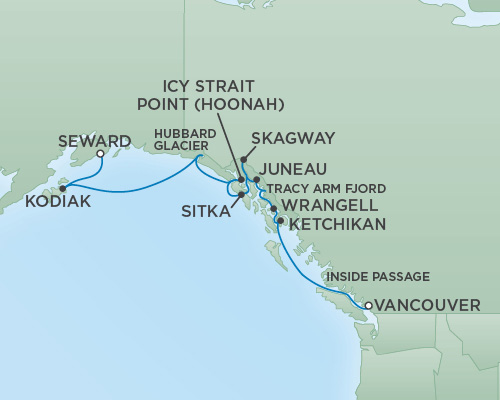 Cruises RSSC Regent Seven Mariner Map Detail Vancouver, Canada to Anchorage (Seward), Alaska August 22 September 2 2018 - 11 Days