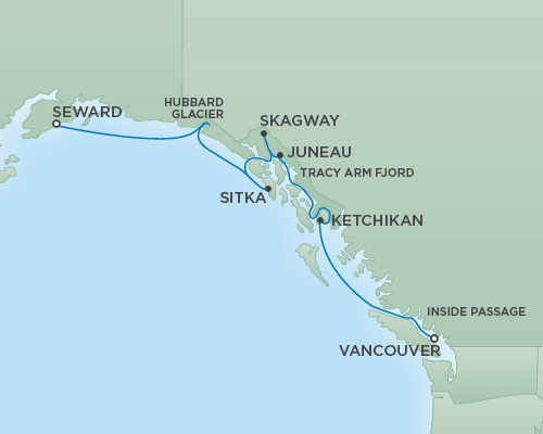 Cruises RSSC Regent Seven Mariner Map Detail Vancouver, Canada to Anchorage (Seward), Alaska May 16-23 2018 - 7 Days