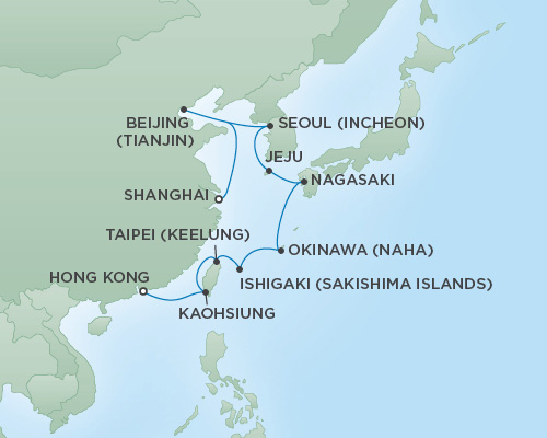 Cruises RSSC Regent Seven Mariner Map Detail Hong Kong, China to Shanghai, China March 13-28 2019 - 16 Days