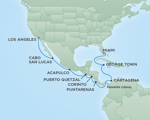 Cruises RSSC Regent Seven Navigator Map Detail Miami, Florida to Los Angeles, California December 19 2018 January 4 2019 - 16 Days