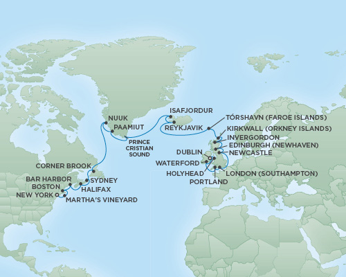 Cruises RSSC Regent Seven Navigator Map Detail New York City, New York to Dublin, Ireland June 21 July 18 2018 - 27 Days