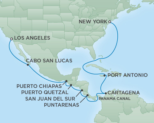 Cruises RSSC Regent Seven Navigator Map Detail Los Angeles, CA, United States to New York City, New York June 3-21 2018 - 18 Days