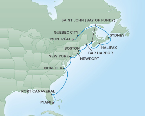Cruises RSSC Regent Seven Navigator Map Detail Montral, Canada to Miami, Florida October 28 November 11 2018 - 14 Days
