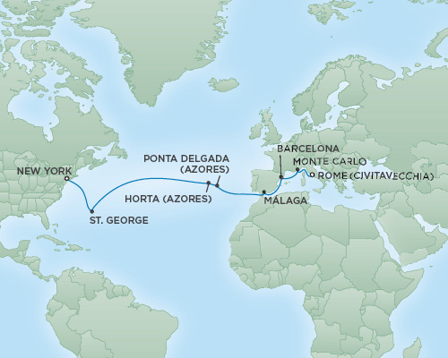Cruises RSSC Regent Seven Navigator Map Detail Rome (Civitavecchia), Italy to New York City, New York April 29 May 15 2019 - 16 Days