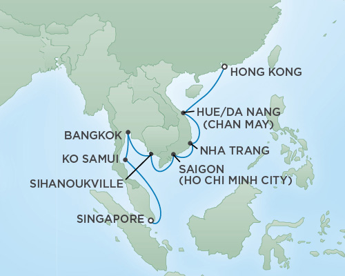 Cruises RSSC Regent Seven Navigator Map Detail Hong Kong, China to Singapore, Singapore March 8-20 2019 - 12 Days