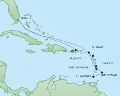 Cruises RSSC Regent Seven Explorer Map Detail Miami, FL, United States to Miami, FL, United States December 8-20 2017 - 12 Days