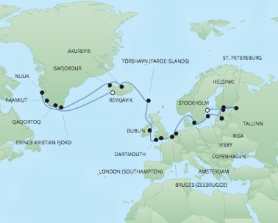 Cruises RSSC Regent Seven Explorer Map Detail Stockholm, Sweden to Reykjavk, Iceland July 13 August 9 2017 - 28 Days