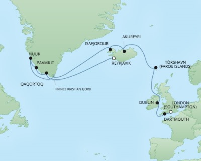 Cruises RSSC Regent Seven Explorer Map Detail Southampton, United Kingdom to Reykjavk, Iceland July 25 August 9 2017 - 15 Days