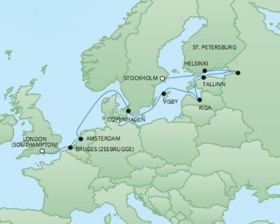 Cruises RSSC Regent Seven Explorer Map Detail Southampton, United Kingdom to Stockholm, Sweden June 14-26 2017 - 12 Days