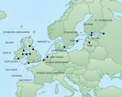 Cruises RSSC Regent Seven Explorer Map Detail Southampton, United Kingdom to Stockholm, Sweden June 3-26 2017 - 23 Days