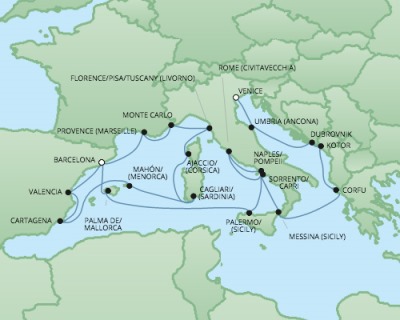 Cruises RSSC Regent Seven Explorer Map Detail Venice, Italy to Barcelona, Spain October 14 November 4 2017 - 21 Days