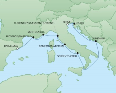 Cruises RSSC Regent Seven Explorer Map Detail Barcelona, Spain to Venice, Italy October 4-14 2017 - 10 Days
