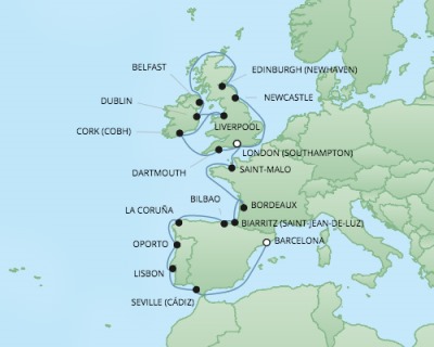 Cruises RSSC Regent Seven Explorer Map Detail Southampton, United Kingdom to Barcelona, Spain September 12 October 4 2017 - 22 Days