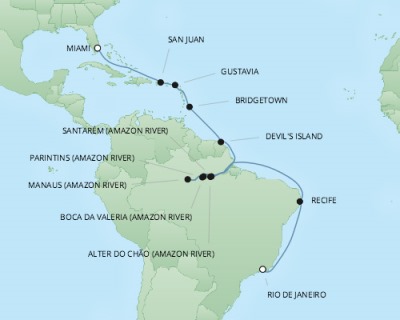 Cruises RSSC Regent Seven Mariner Map Detail Rio De Janeiro, Brazil to Miami, FL, United States February 25 March 17 2018 - 21 Days