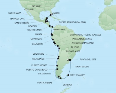 Cruises RSSC Regent Seven Mariner Map Detail Miami, FL, United States to Buenos Aires, Argentina January 5 February 13 2018 - 40 Days