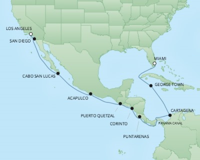 Cruises RSSC Regent Seven Mariner Map Detail Miami, FL, United States to Los Angeles, CA, United States March 17 April 2 2018 - 17 Days