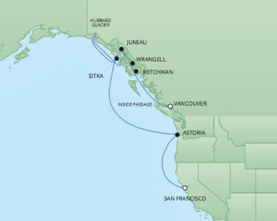 Cruises RSSC Regent Seven Mariner Map Detail San Francisco, CA United States to Vancouver, Canada May 6-16 2018 - 10 Days