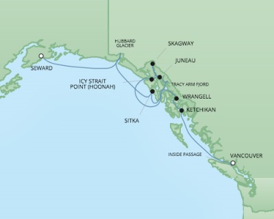 Cruises RSSC Regent Seven Navigator Map Detail Vancouver, BC, Canada to Anchorage (Seward), AK July 9-19 2017 - 10 Days