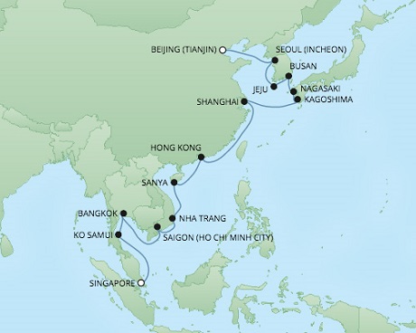 Cruises RSSC Regent Seven Voyager Map Detail Singapore, Singapore to Tianjin, China December 5-29 2017 - 24 Days