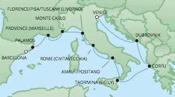 Cruises RSSC Regent Seven Voyager Map Detail Venice, Italy to Barcelona, Spain July 8-18 2017 - 10 Days