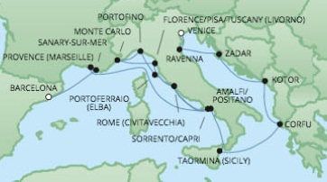 Cruises RSSC Regent Seven Voyager Map Detail Venice, Italy to Barcelona, Spain June 1-18 2017 - 17 Days