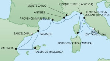 Cruises RSSC Regent Seven Voyager Map Detail Barcelona, Spain to Civitavecchia, Italy June 18-28 2017 - 10 Days