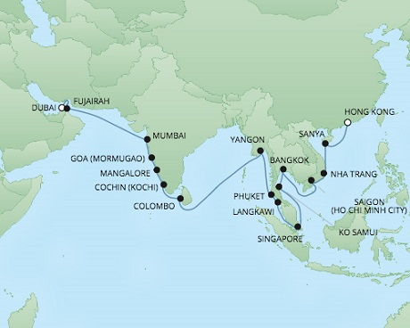 Cruises RSSC Regent Seven Voyager Map Detail Dubai, United Arab Emirates to Hong Kong, China November 14 December 17 2017 - 34 Days