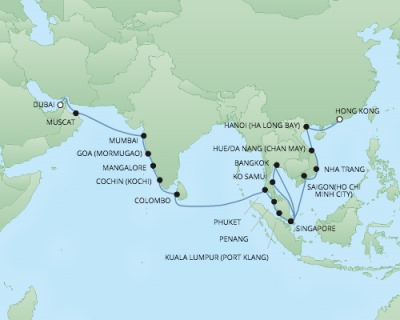 Cruises RSSC Regent Seven Voyager Map Detail Hong Kong, China to Dubai, United Arab Emirate April 8 May 12 2018 - 34 Days