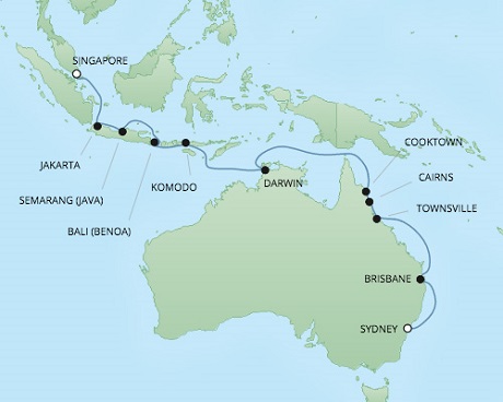 Cruises RSSC Regent Seven Voyager Map Detail Singapore, Singapore to Sydney, Australia February 2-20 2018 - 18 Days