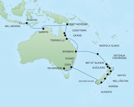 Cruises RSSC Regent Seven Voyager Map Detail Sydney, Australia to Benoa (Bali), Indonesia February 20 March 24 2018 - 32 Days