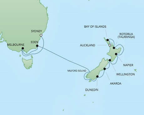 Cruises RSSC Regent Seven Voyager Map Detail Sydney, Australia to Auckland, New Zealand February 20 March 6 2018 - 14 Days