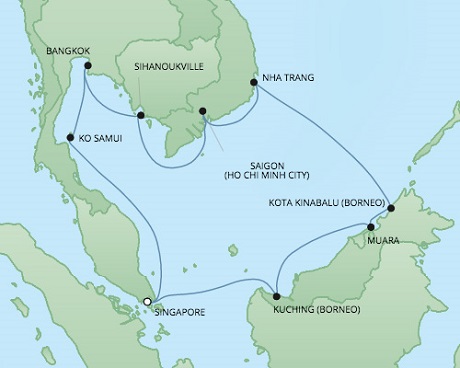 Cruises RSSC Regent Seven Voyager Map Detail Singapore, Singapore to Singapore, Singapore January 17 February 2 2018 - 16 Days